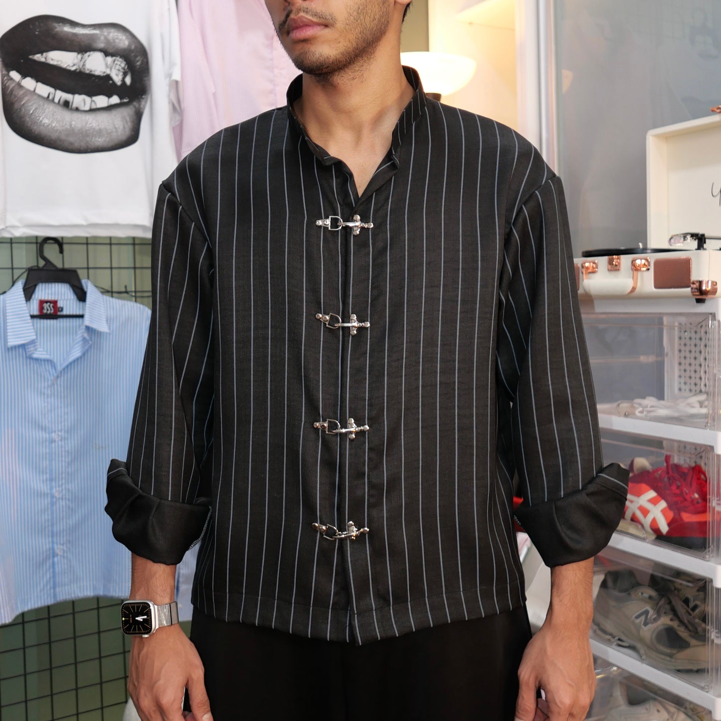 Kemeja Stripe Metal Clip Button Shirt [BOXY FIT] Full Cotton 200GSM (S-2XL) Baggy