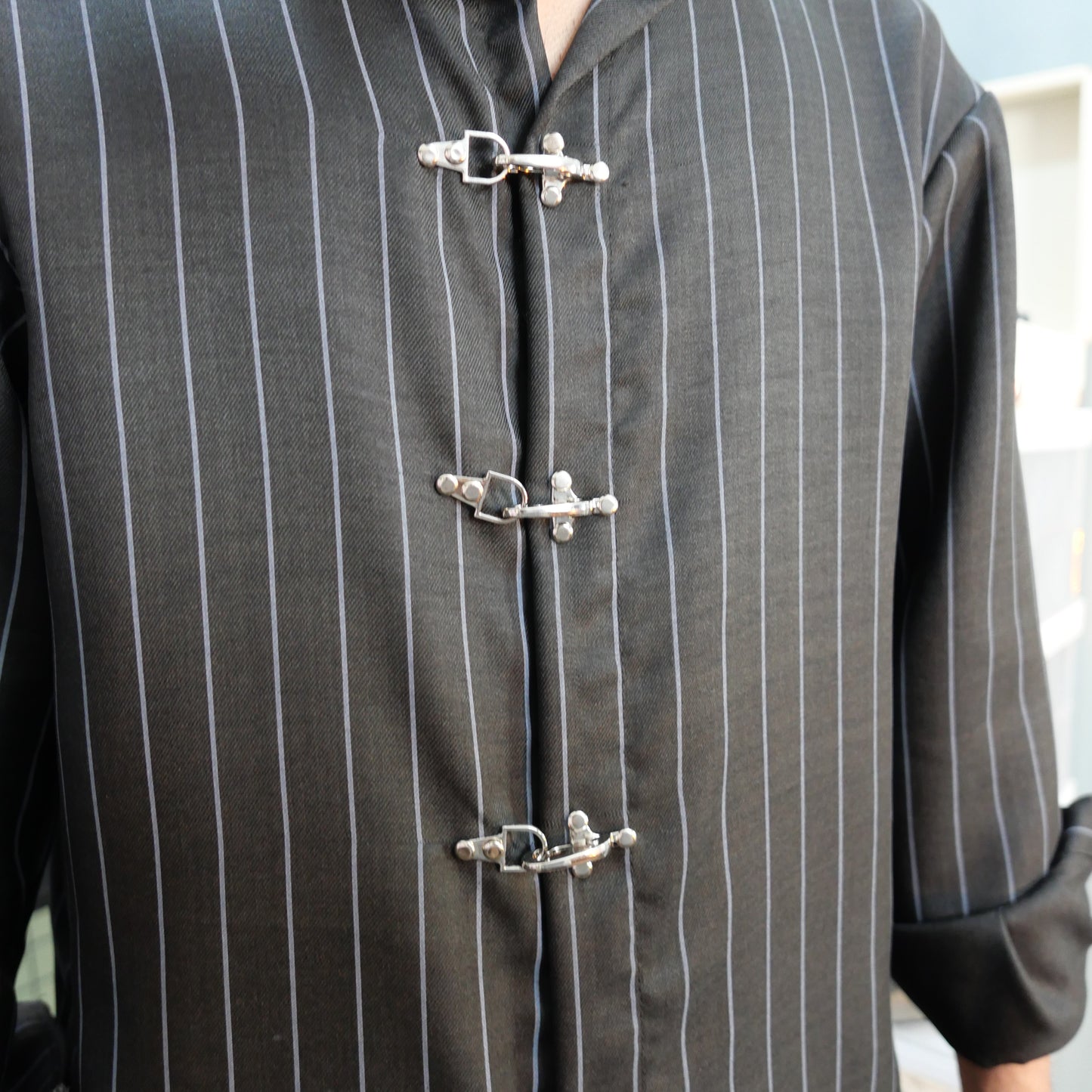 Kemeja Stripe Metal Clip Button Shirt [BOXY FIT] Full Cotton 200GSM (S-2XL) Baggy