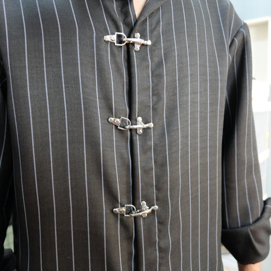Kemeja Stripe Metal Clip Button Shirt [BOXY FIT] Full Cotton 200GSM (S-2XL) Baggy