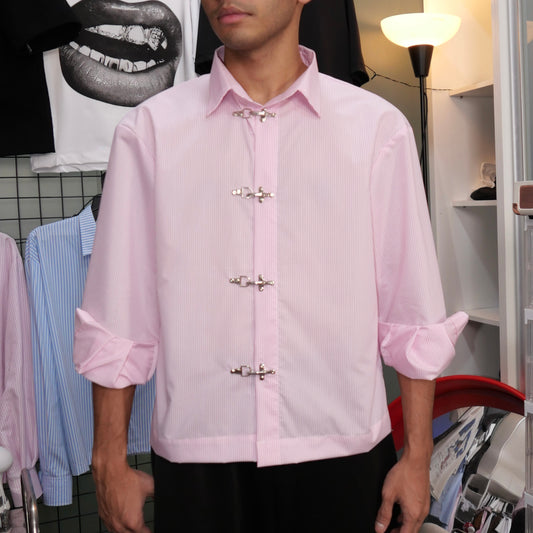 Kemeja Stripe Metal Clip Button Shirt [BOXY FIT] Full Cotton 200GSM (S-2XL) Baggy