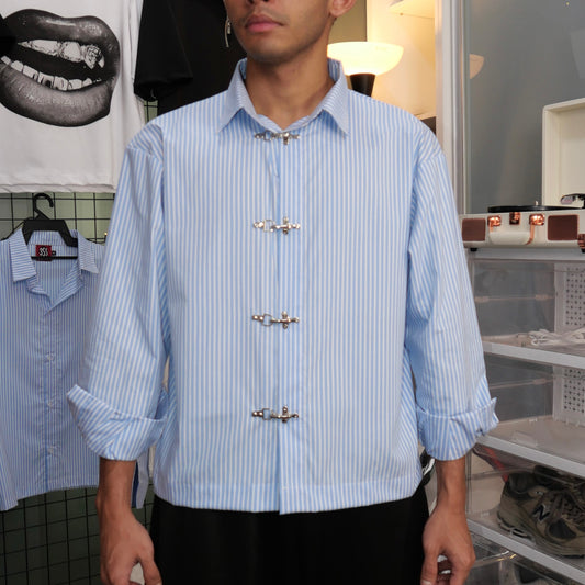 Kemeja Stripe Metal Clip Button Shirt [BOXY FIT] Full Cotton 200GSM (S-2XL) Baggy