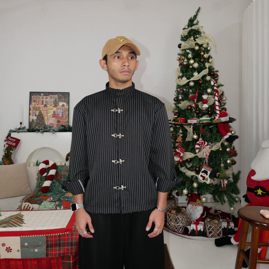 Kemeja Stripe Metal Clip Button Shirt [BOXY FIT] Full Cotton 200GSM (S-2XL) Baggy