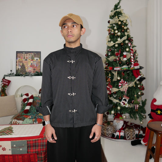 Kemeja Stripe Metal Clip Button Shirt [BOXY FIT] Full Cotton 200GSM (S-2XL) Baggy