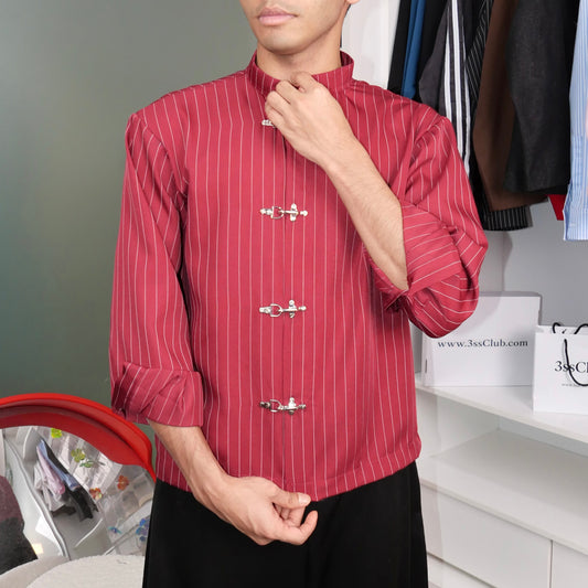 Kemeja Stripe Metal Clip Button Shirt [BOXY FIT] Full Cotton 200GSM (S-2XL) Baggy