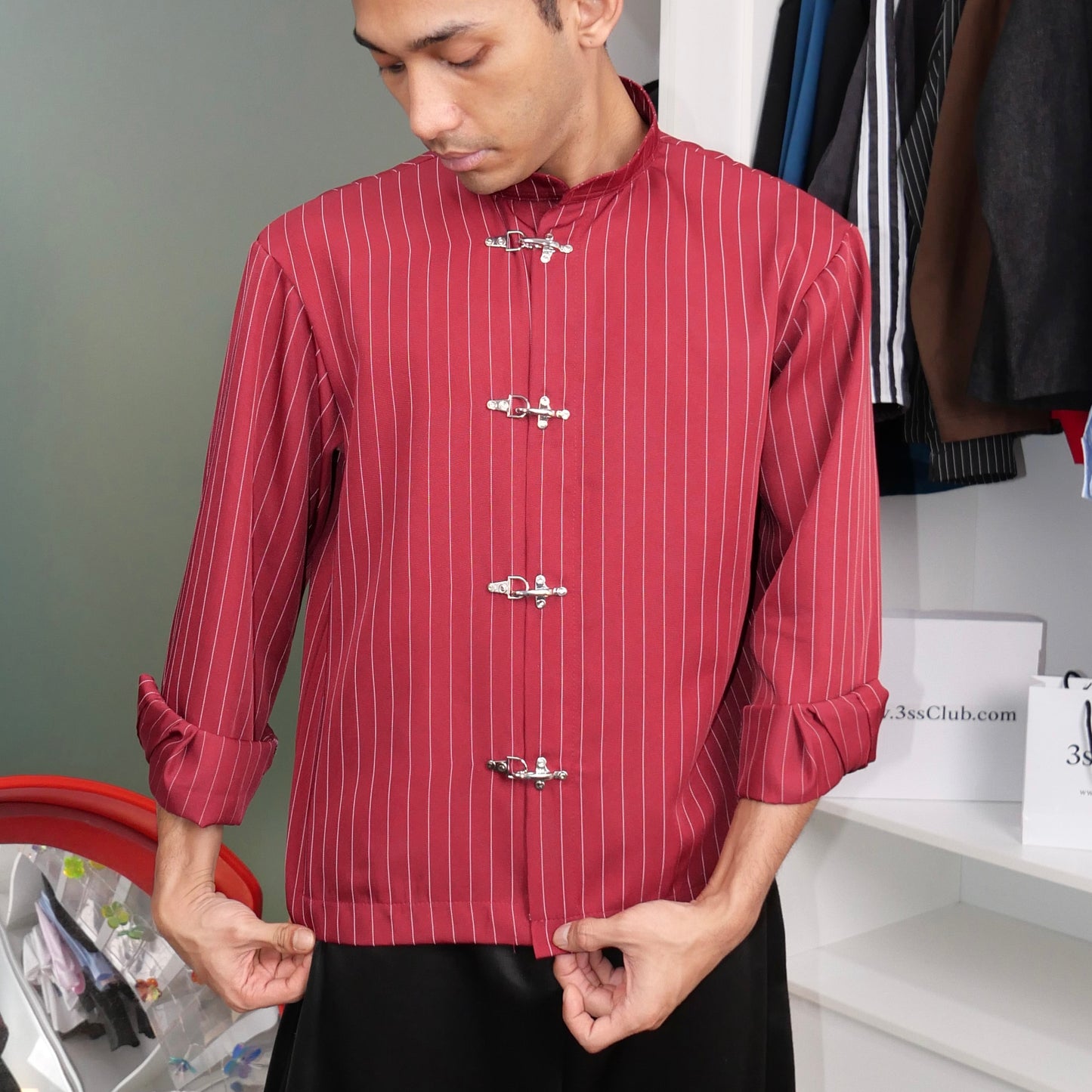 Kemeja Stripe Metal Clip Button Shirt [BOXY FIT] Full Cotton 200GSM (S-2XL) Baggy