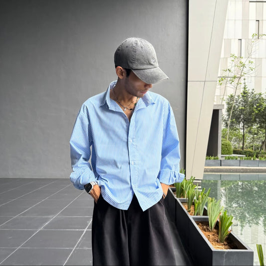 Kemeja Stripe Button Shirt [BOXY FIT] Full Cotton 200GSM (S-2XL) Baggy