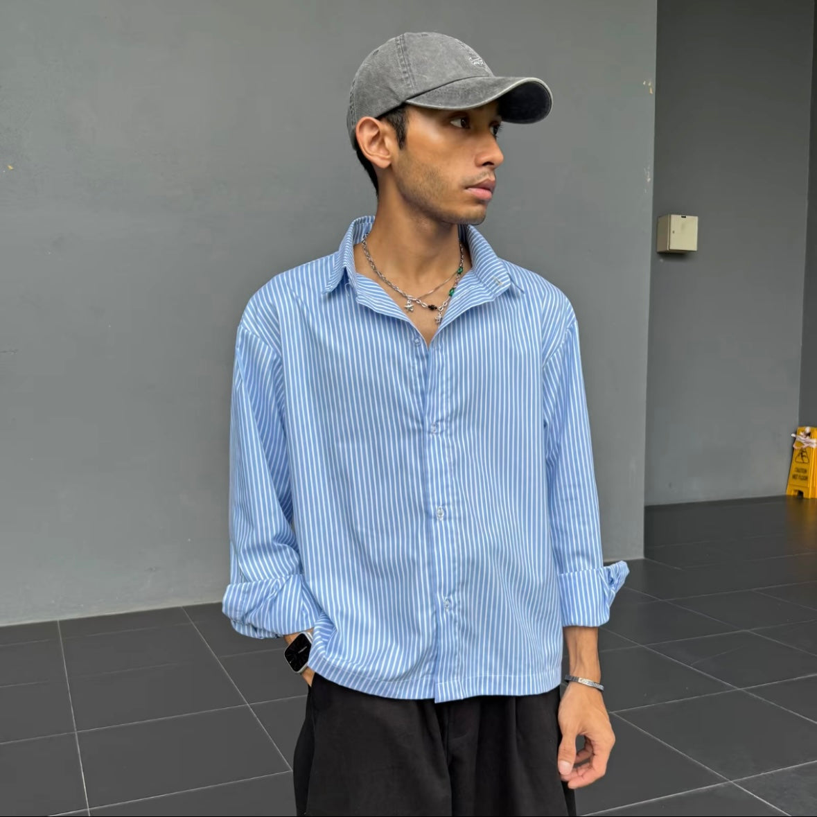 Kemeja Stripe Button Shirt [BOXY FIT] Full Cotton 200GSM (S-2XL) Baggy