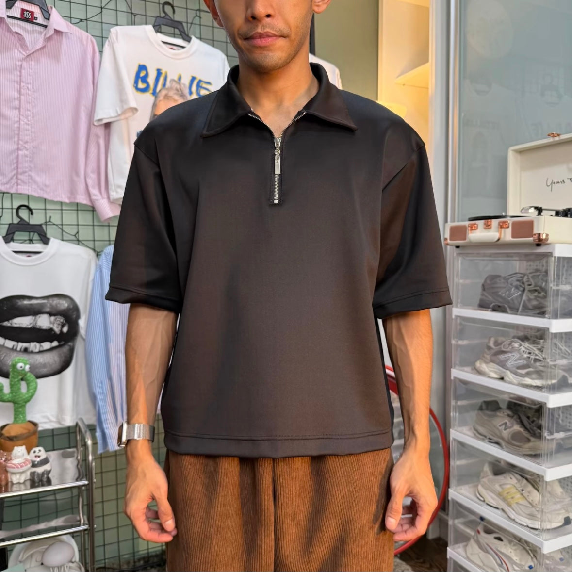 SCUBA HALF ZIPPER [BOXY FIT] Shirt 280GSM Black Tee (S-2XL) Lengan Separuh Cutting Oversized Baggy Fit