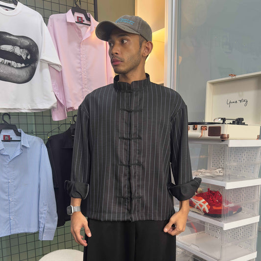 Kemeja Stripe Traditional Chinese Button Shirt [BOXY FIT] Full Cotton 200GSM (S-2XL) Baggy
