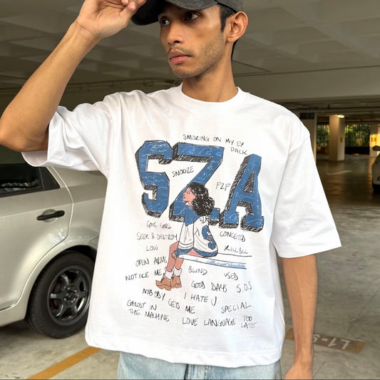 SZA [BOXY] T Shirt Cotton 280GSM White & Black Tee (S-2XL) Lengan Separuh Cutting Oversized Baggy Fit