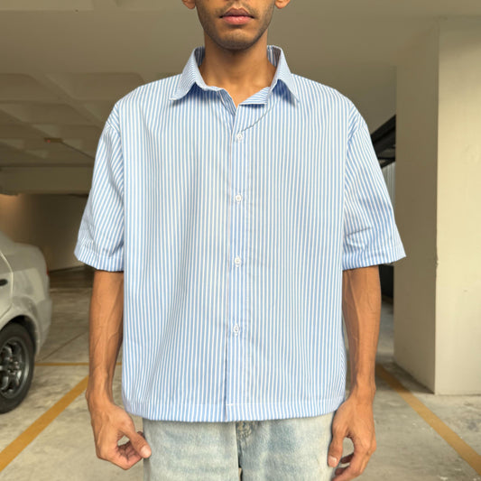 Kemeja Stripe Short Sleeve Button Shirt [BOXY FIT] Full Cotton 200GSM Half Sleeve (S-2XL) Baggy